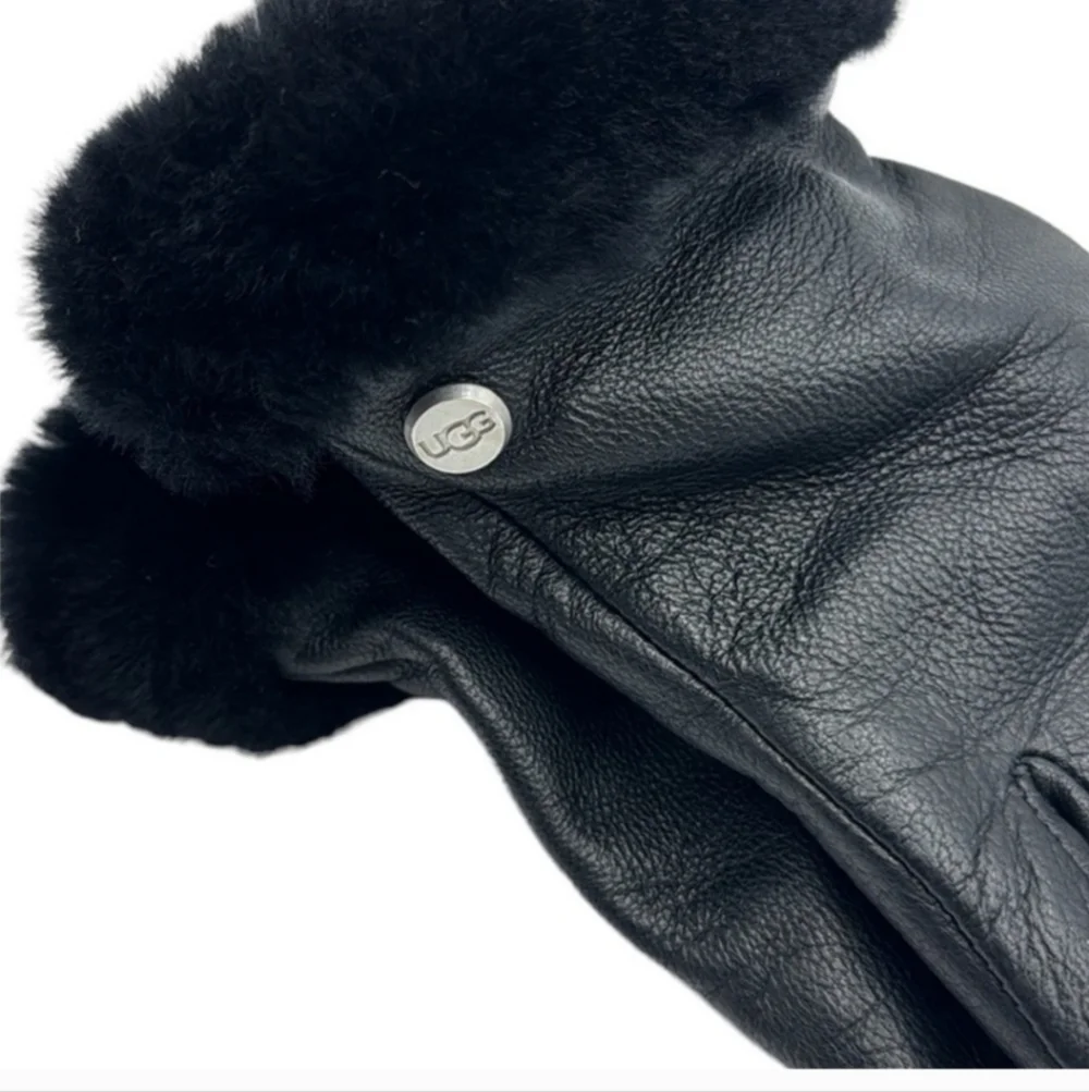 UGG Womens Shearling-Trim cuff Black leather Shorty Gloves Size Large